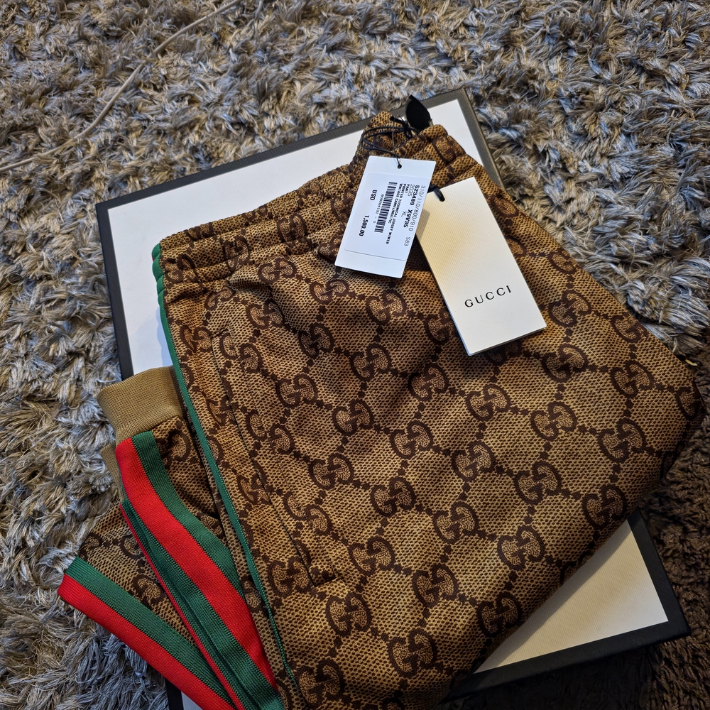 OBO- NEVER WORN Gucci Brown Monogram Pants with Red and Green Stripes